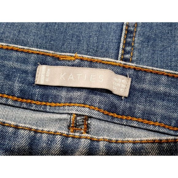 KATIES Size 10 Casual Blue Stretch Floral Embroidered Front-Split Denim Skirt - Picture 6 of 7